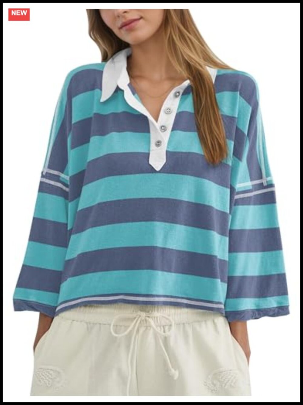 Women's Striped Rugby Polo Shirt Oversized Cropped Cotton Spandex 3/4 Sleeve Y2K